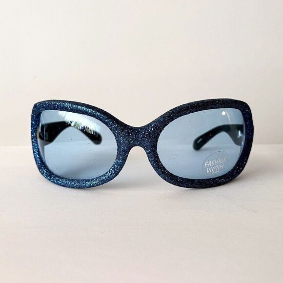 Vintage Bug Eye Huge Rave Sunglasses Blue Lens Glitter Oversized Wrap Goth - Picture 1 of 6